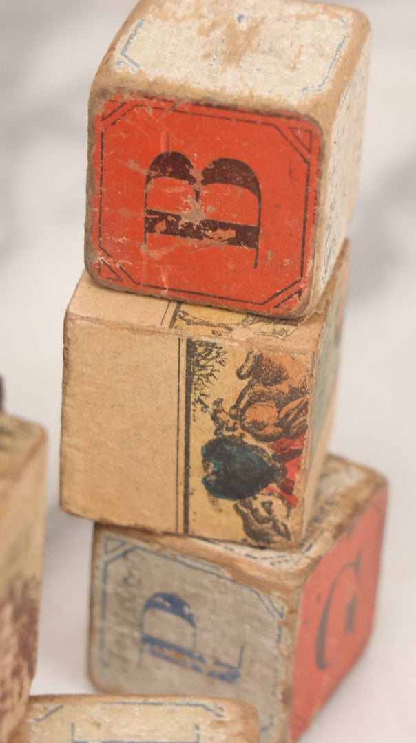 Lot 033 - Grouping Of Vintage And Antique Wooden Childrens Blocks Including Lithographed Block Puzzle Pieces, Letter Blocks, And More, 25+ Pieces
