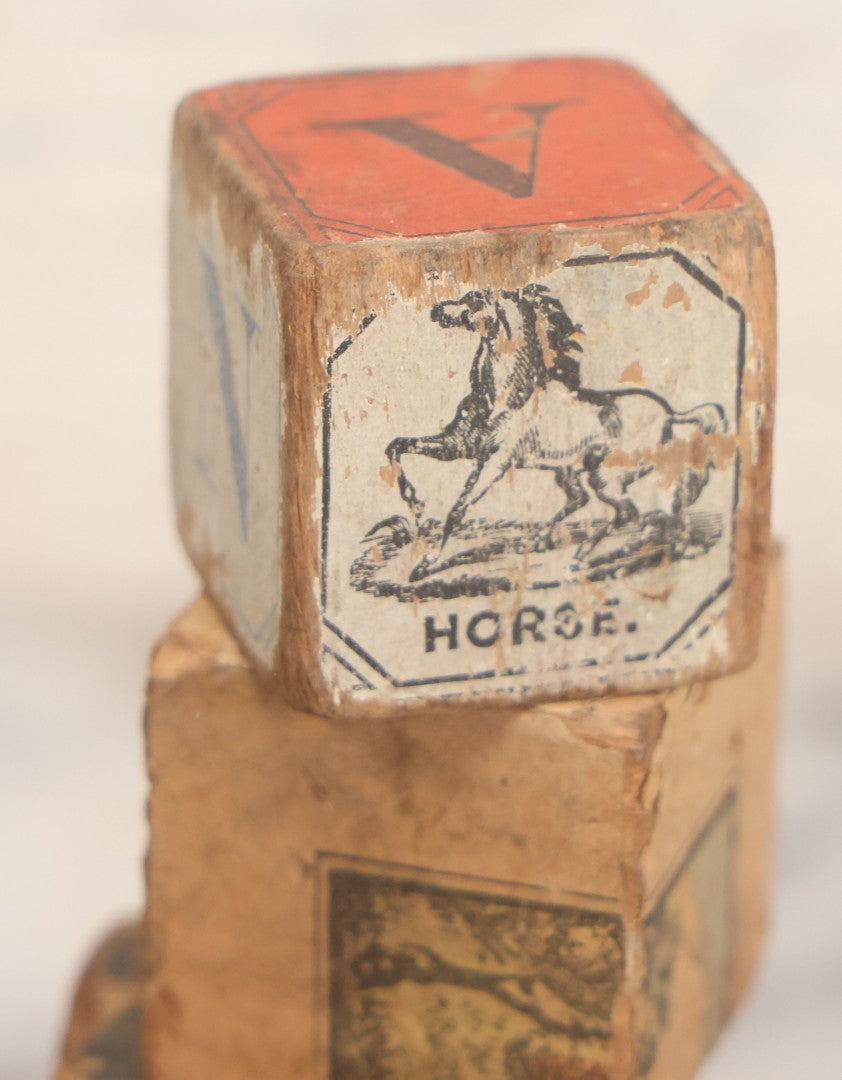 Lot 033 - Grouping Of Vintage And Antique Wooden Childrens Blocks Including Lithographed Block Puzzle Pieces, Letter Blocks, And More, 25+ Pieces