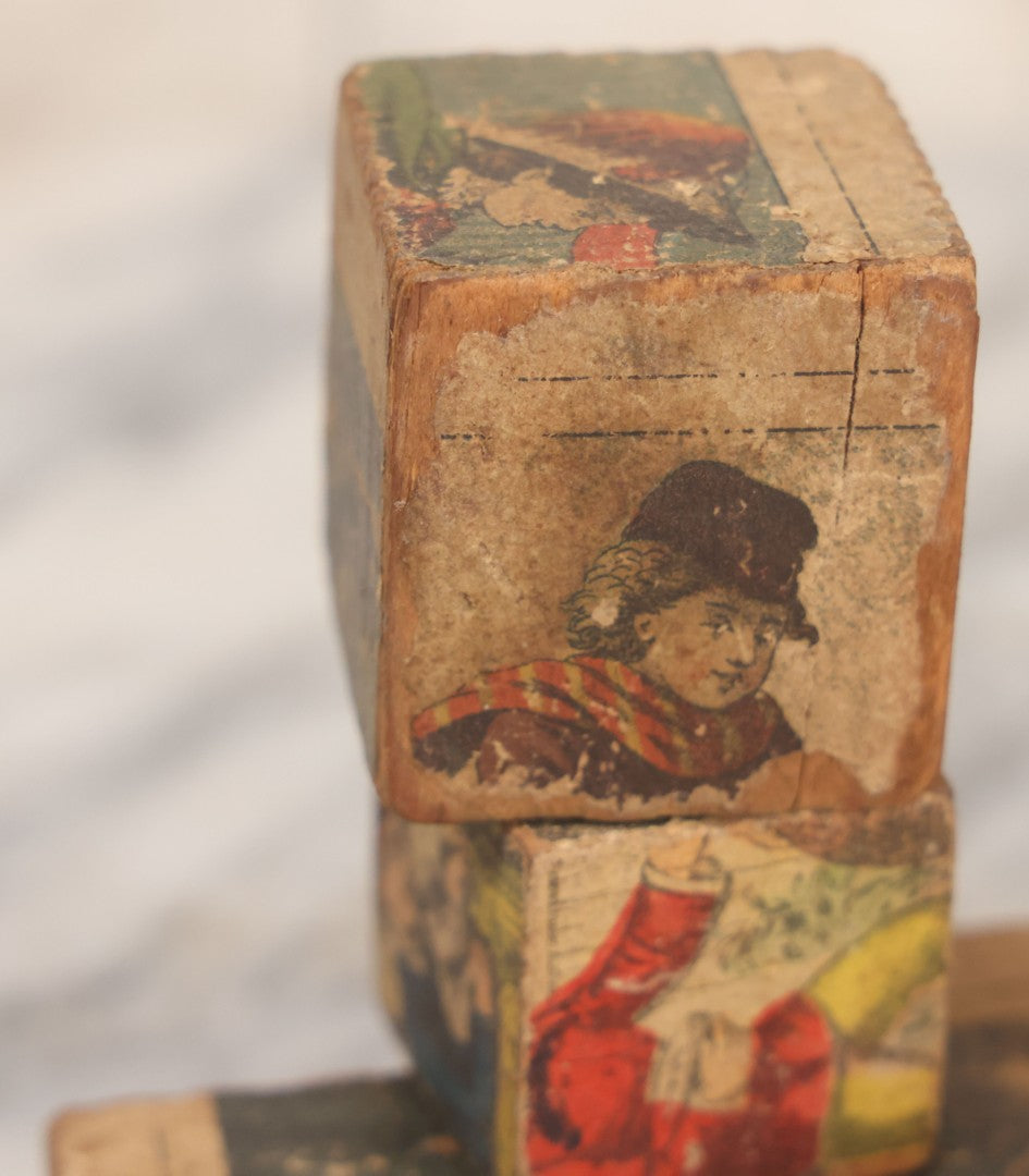 Lot 033 - Grouping Of Vintage And Antique Wooden Childrens Blocks Including Lithographed Block Puzzle Pieces, Letter Blocks, And More, 25+ Pieces