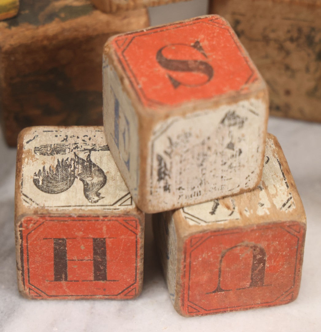 Lot 033 - Grouping Of Vintage And Antique Wooden Childrens Blocks Including Lithographed Block Puzzle Pieces, Letter Blocks, And More, 25+ Pieces