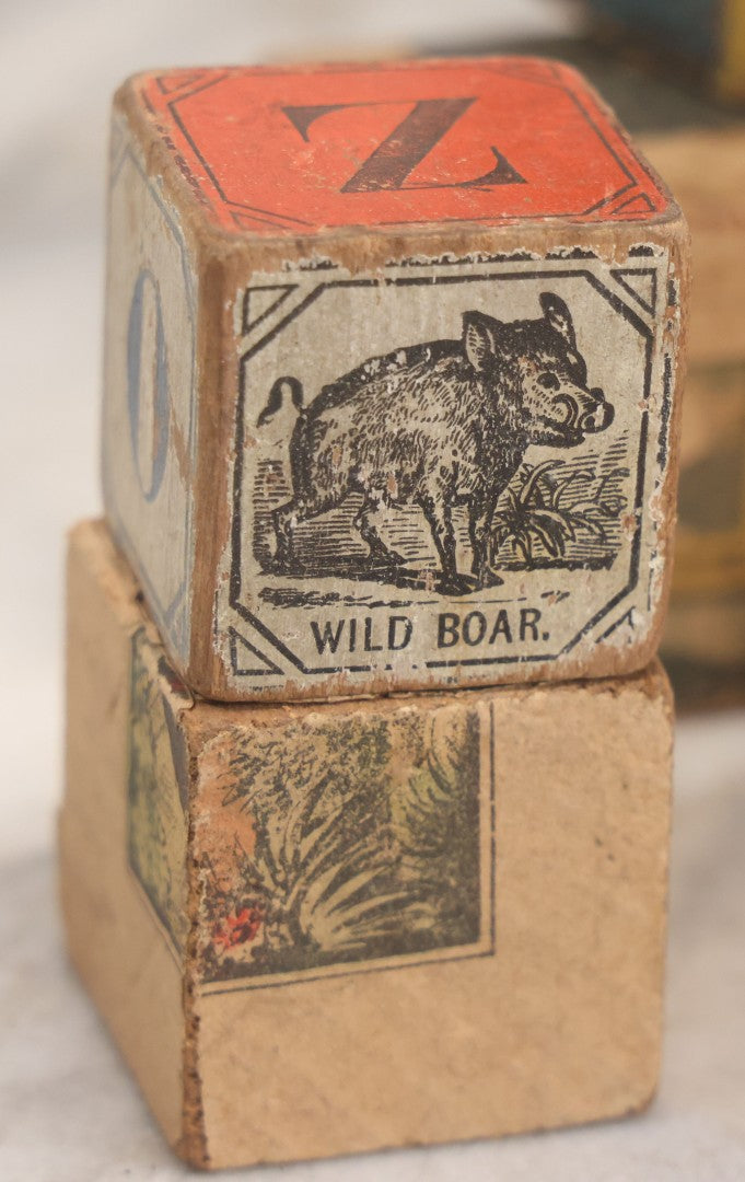 Lot 033 - Grouping Of Vintage And Antique Wooden Childrens Blocks Including Lithographed Block Puzzle Pieces, Letter Blocks, And More, 25+ Pieces