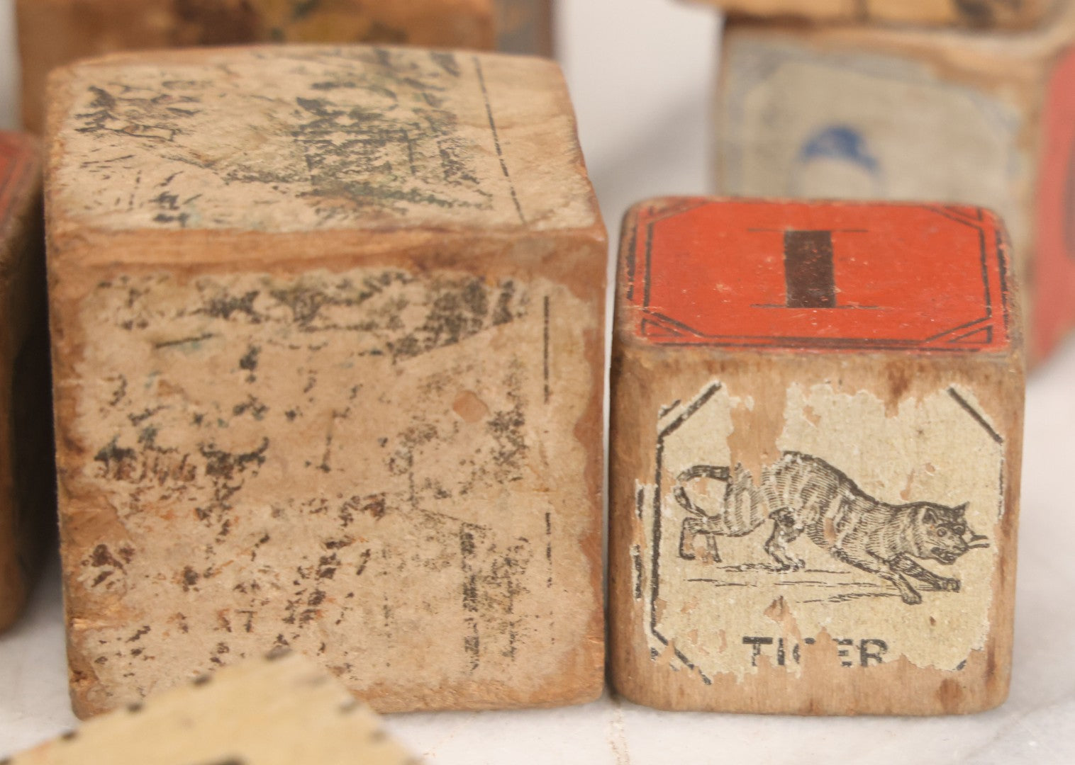Lot 033 - Grouping Of Vintage And Antique Wooden Childrens Blocks Including Lithographed Block Puzzle Pieces, Letter Blocks, And More, 25+ Pieces