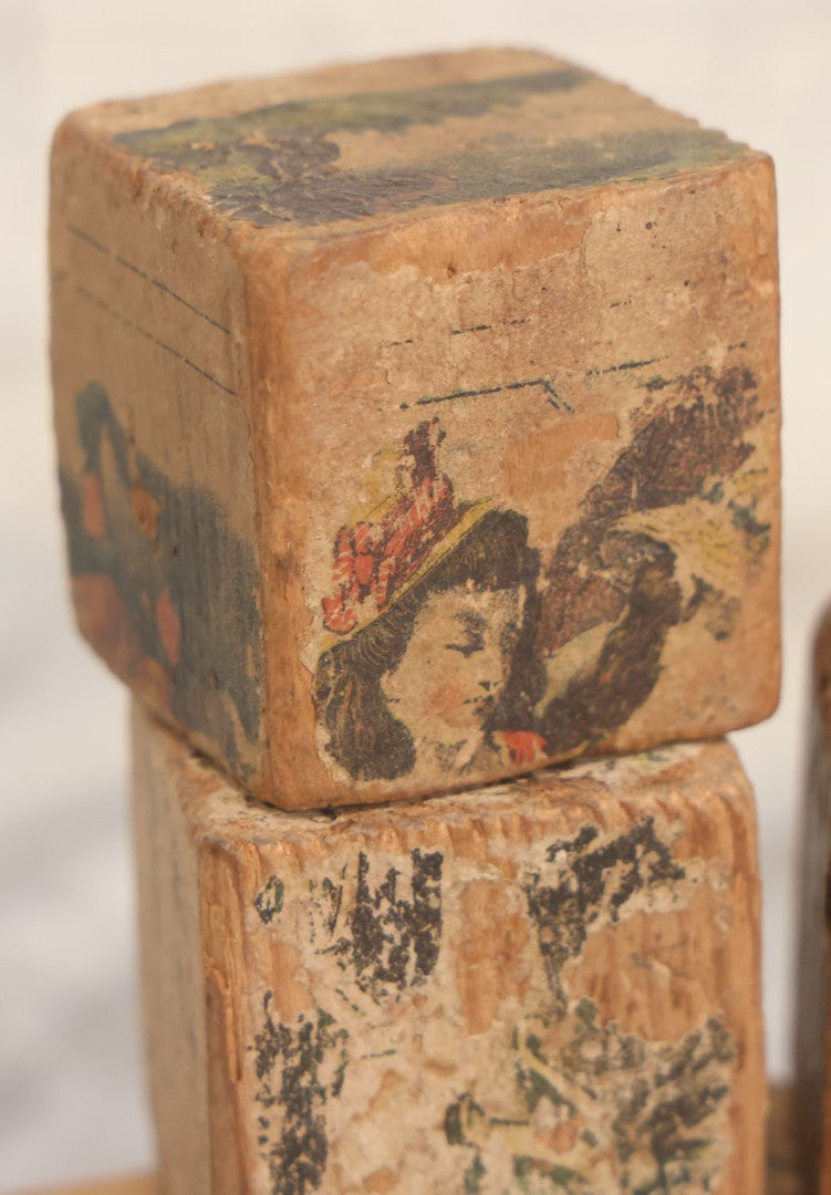Lot 033 - Grouping Of Vintage And Antique Wooden Childrens Blocks Including Lithographed Block Puzzle Pieces, Letter Blocks, And More, 25+ Pieces