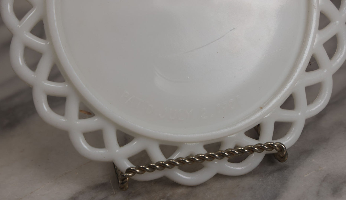 Lot 037 - Antique Westmoreland Milk Glass Character Plate With Three Owls, Marked Patented July 2, 1901