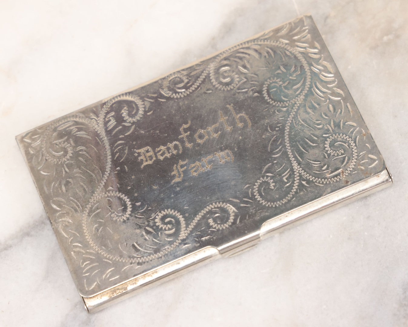 Lot 040 - Antique Hand Engraved Silver Plated Business Card Holder Marked "Danforth Farm"