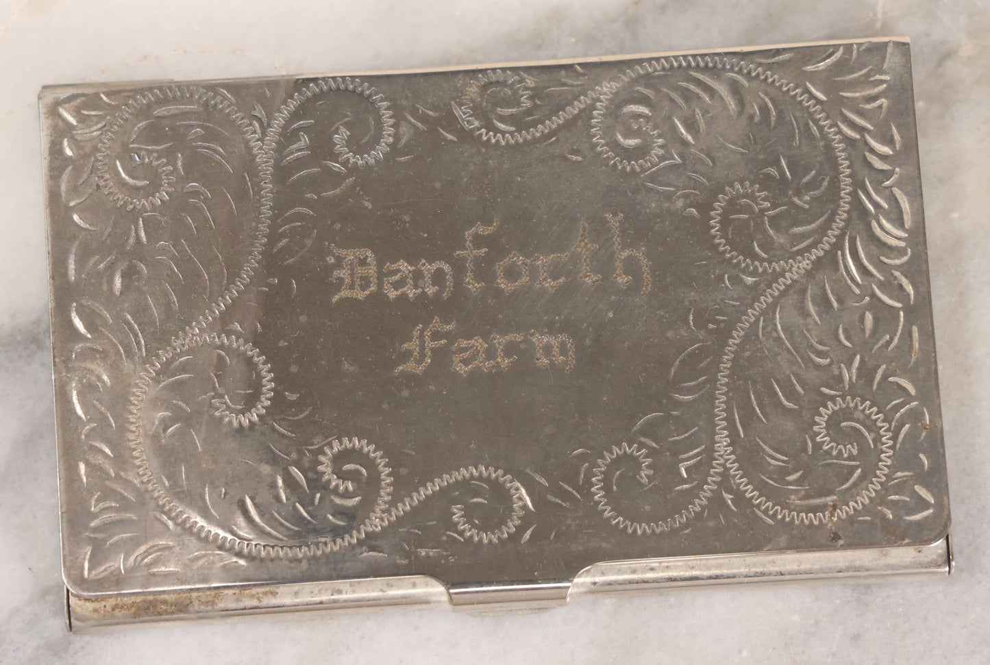 Lot 040 - Antique Hand Engraved Silver Plated Business Card Holder Marked "Danforth Farm"