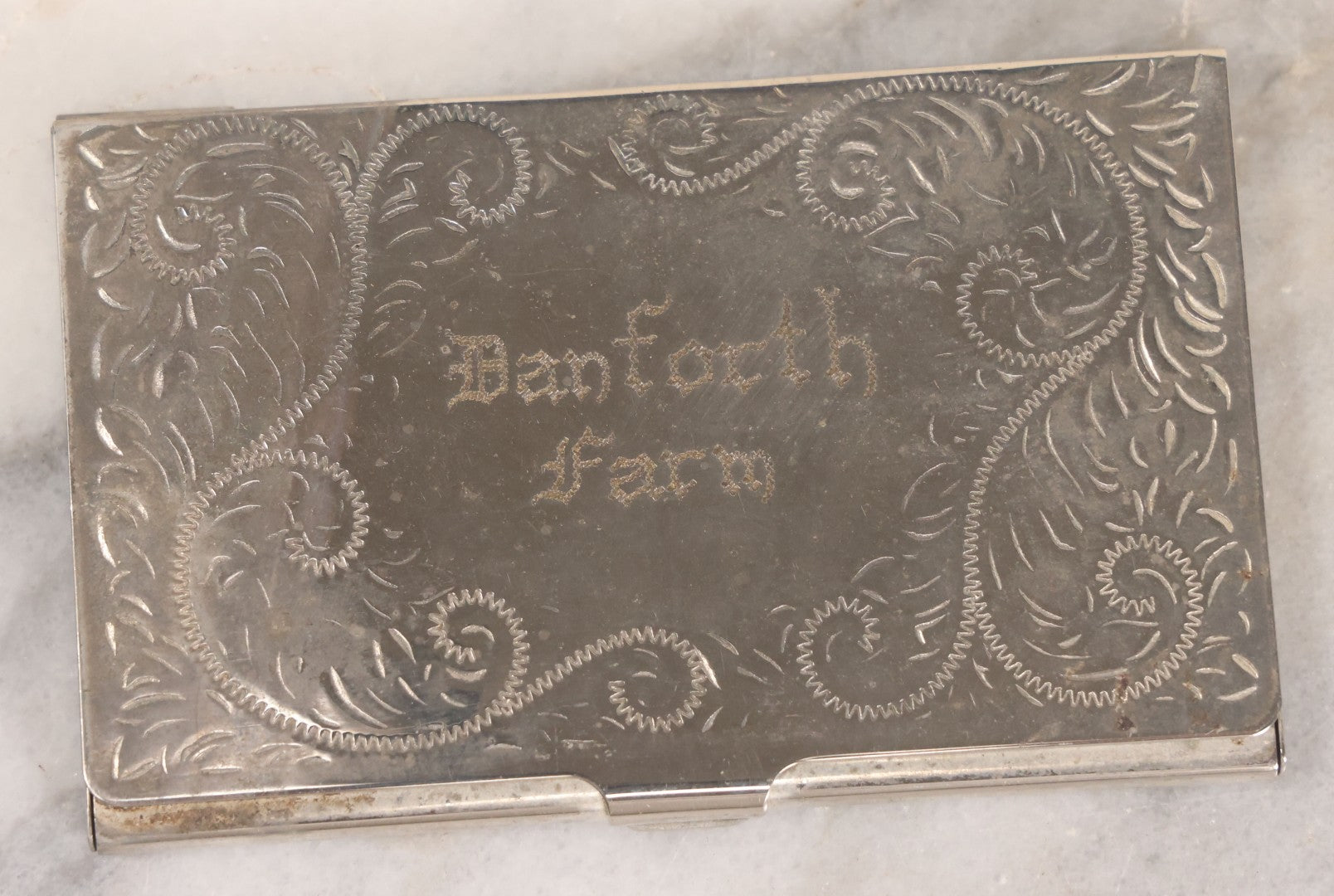 Lot 040 - Antique Hand Engraved Silver Plated Business Card Holder Marked "Danforth Farm"