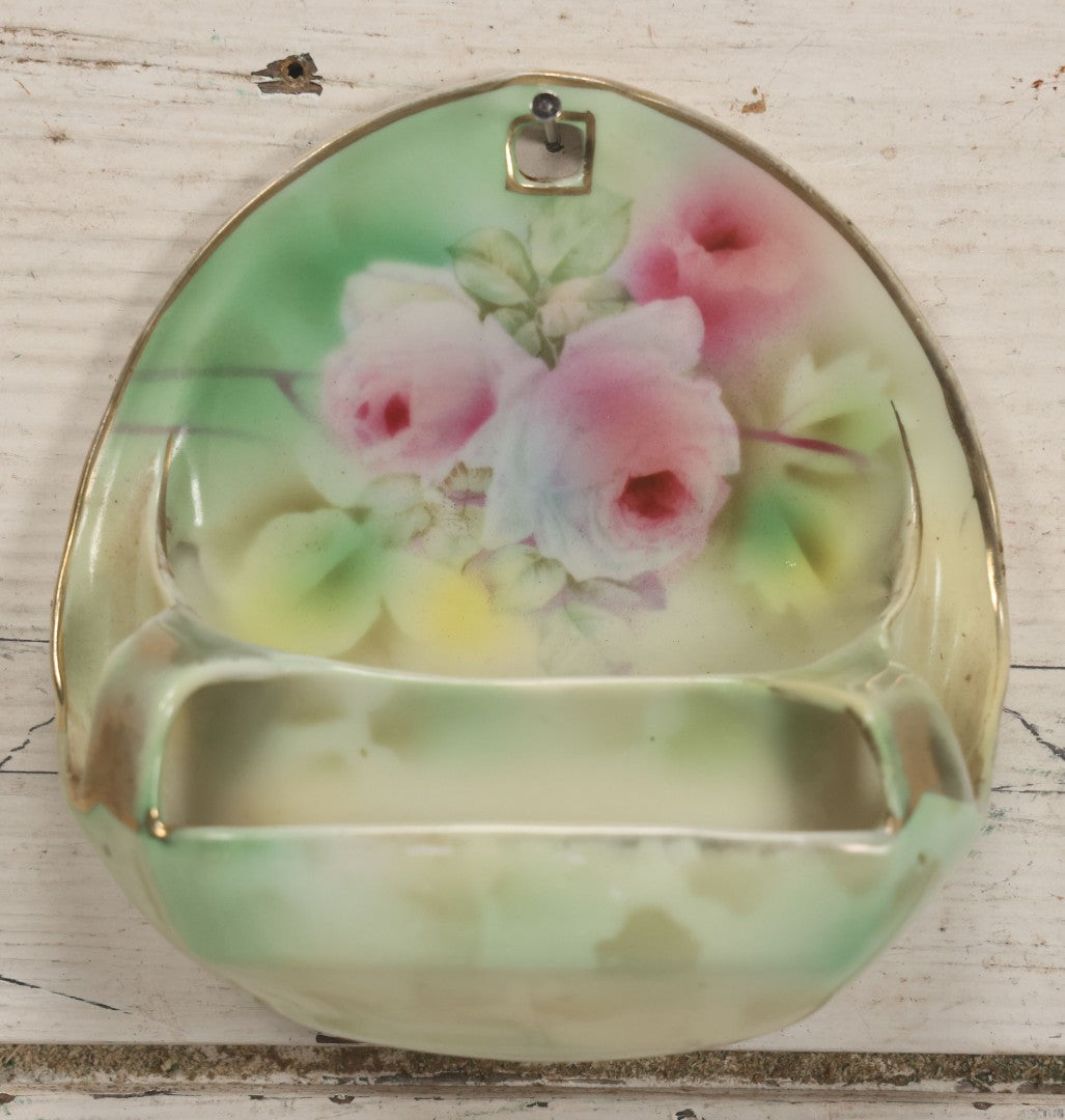 Lot 041 - Antique Art Nouveau Porcelain Wall Pocket With Hand Painted Roses, By Royal Bayreuth, Bavaria, Marked "Deponiert"