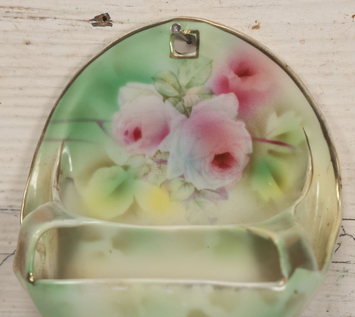 Lot 041 - Antique Art Nouveau Porcelain Wall Pocket With Hand Painted Roses, By Royal Bayreuth, Bavaria, Marked "Deponiert"