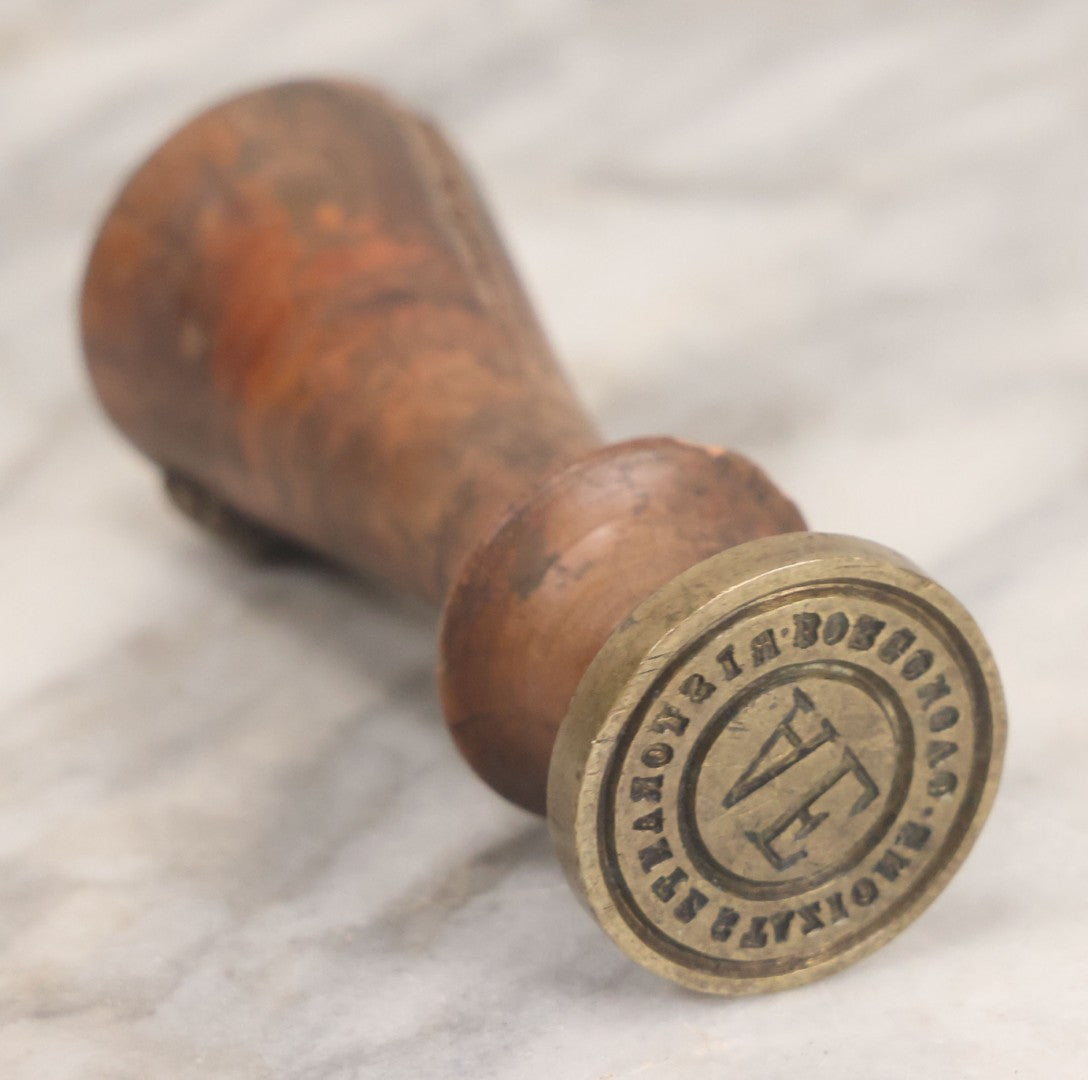 Lot 053 - Antique Wax Seal Stamp With Wooden Handle, Marked "Ristorante Stazione Borgonovo", With A.E. Monogram, From Borgonovo Val Tidone Italy