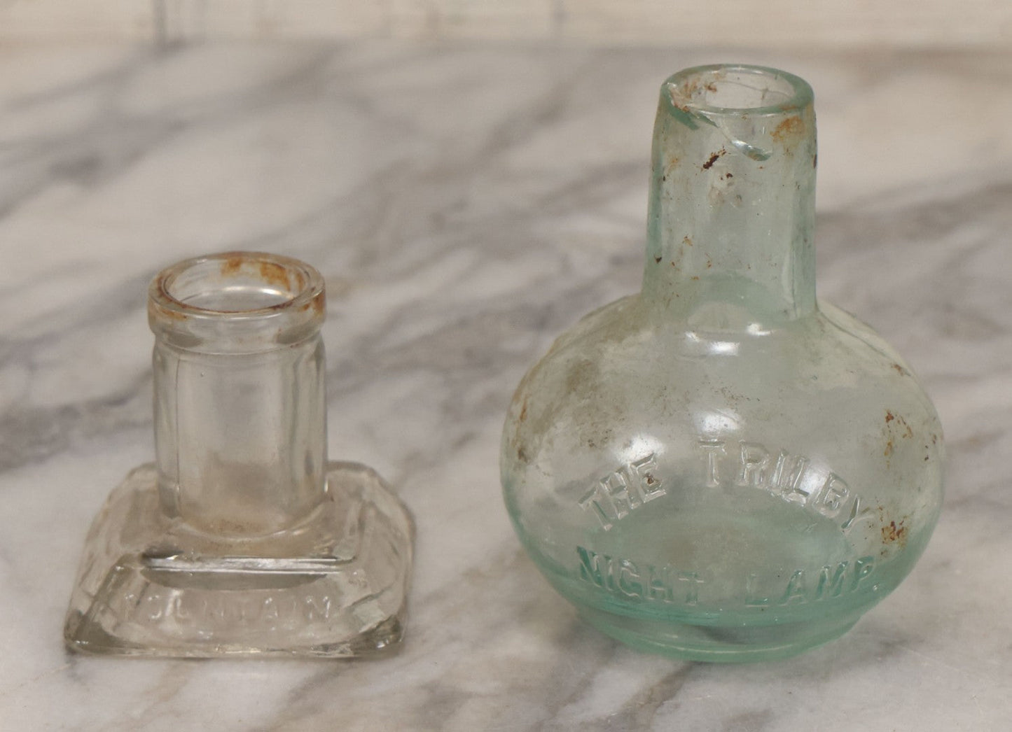 Lot 059 - Pair Of Antique Glass Objects, Including The Trilby Night Lamp And Sanford's Fountain Pen Inks Glass Inkwell