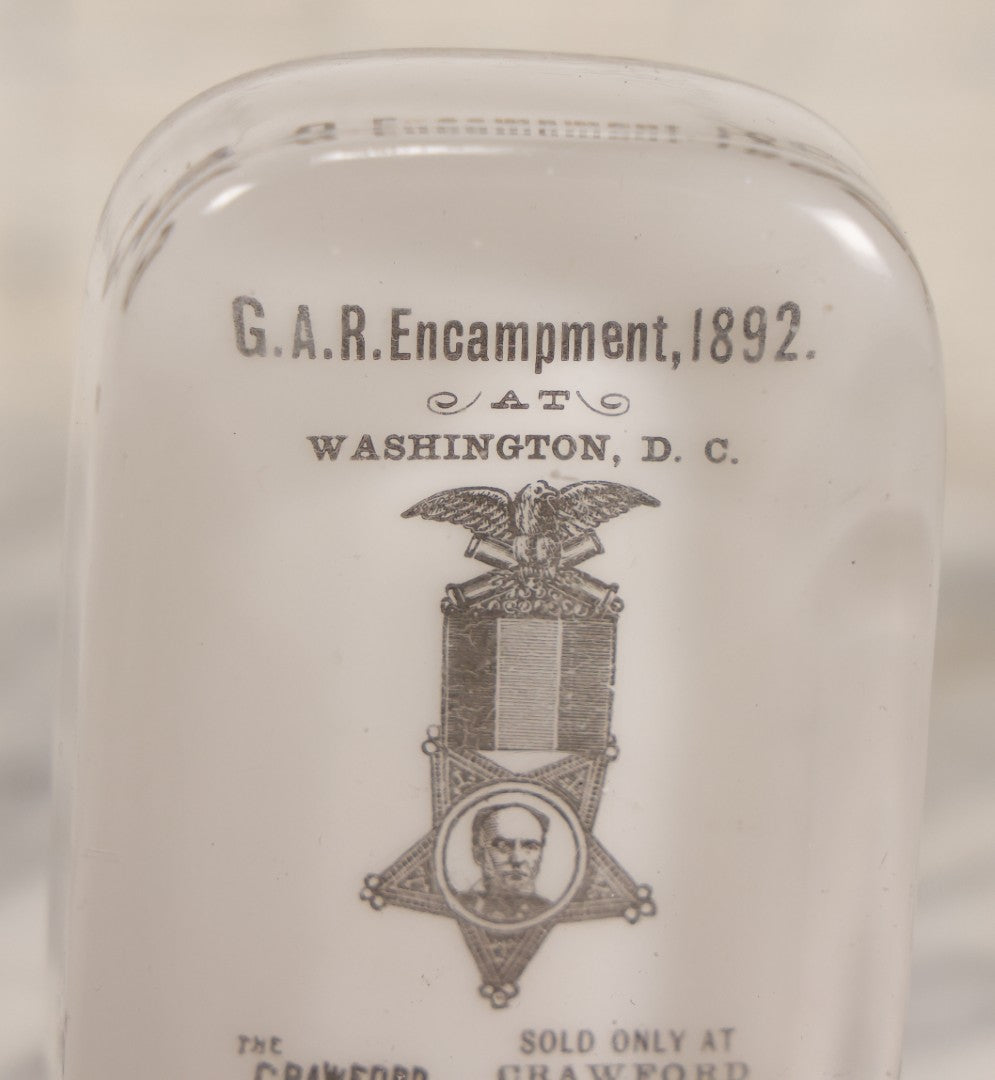 Lot 060 - Antique Glass Paperweight Marking The 1892 Grand Army Of The Republic G.A.R. Encampment, Washington, D.C., Advertising The Crawford Shoe, Manufactured By Barnes & Abrams Co., Syracuse, N.Y., Patented September 5 1892, Note Chipping Around Base