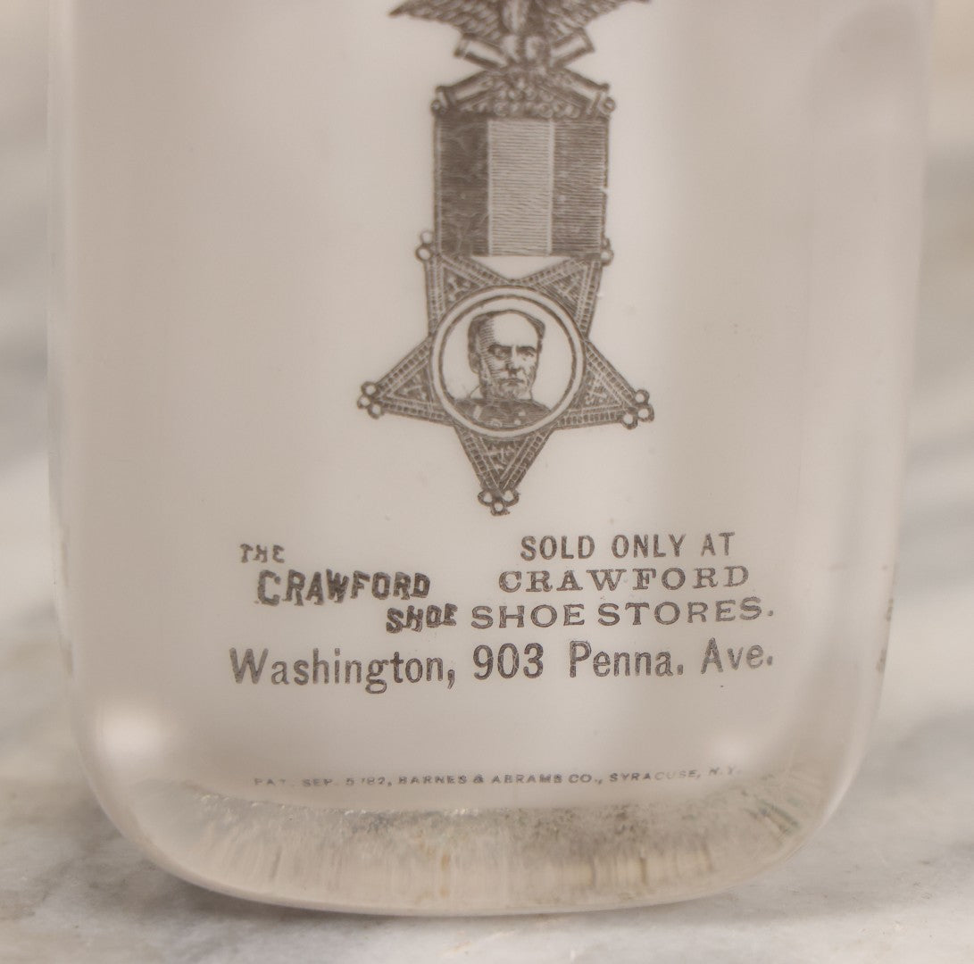 Lot 060 - Antique Glass Paperweight Marking The 1892 Grand Army Of The Republic G.A.R. Encampment, Washington, D.C., Advertising The Crawford Shoe, Manufactured By Barnes & Abrams Co., Syracuse, N.Y., Patented September 5 1892, Note Chipping Around Base