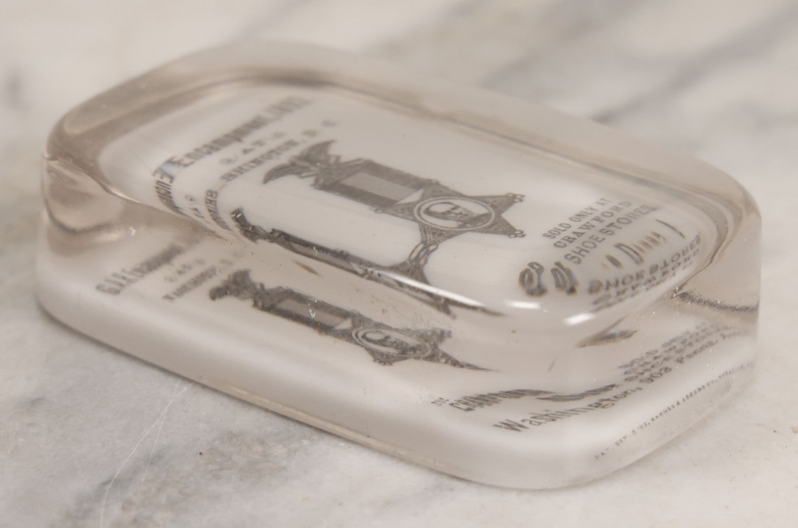 Lot 060 - Antique Glass Paperweight Marking The 1892 Grand Army Of The Republic G.A.R. Encampment, Washington, D.C., Advertising The Crawford Shoe, Manufactured By Barnes & Abrams Co., Syracuse, N.Y., Patented September 5 1892, Note Chipping Around Base