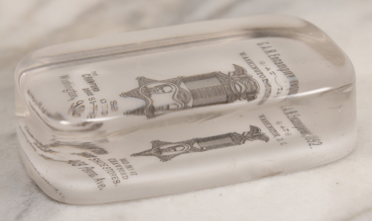 Lot 060 - Antique Glass Paperweight Marking The 1892 Grand Army Of The Republic G.A.R. Encampment, Washington, D.C., Advertising The Crawford Shoe, Manufactured By Barnes & Abrams Co., Syracuse, N.Y., Patented September 5 1892, Note Chipping Around Base