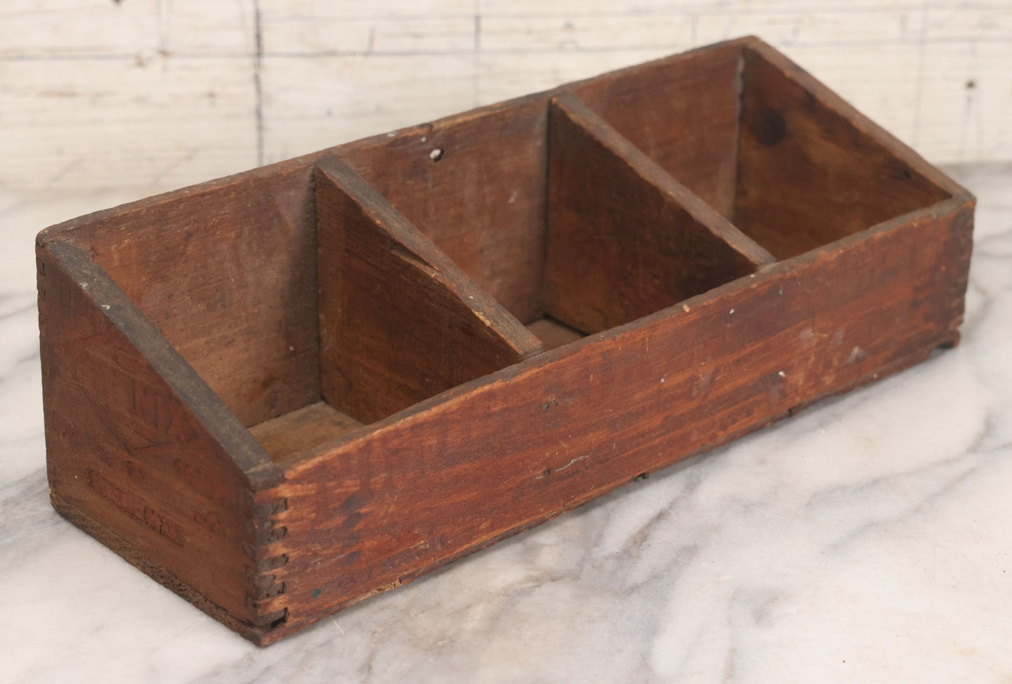 Lot 061 - Vintage Custom Divided Three Sectioned Display Box Fashioned From A Phenix Pimento Club Cheese Five Lbs. Finger Jointed Wooden Box, Made By Phenix Cheese Company, New York & Chicago