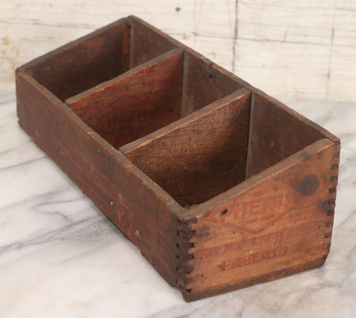 Lot 061 - Vintage Custom Divided Three Sectioned Display Box Fashioned From A Phenix Pimento Club Cheese Five Lbs. Finger Jointed Wooden Box, Made By Phenix Cheese Company, New York & Chicago