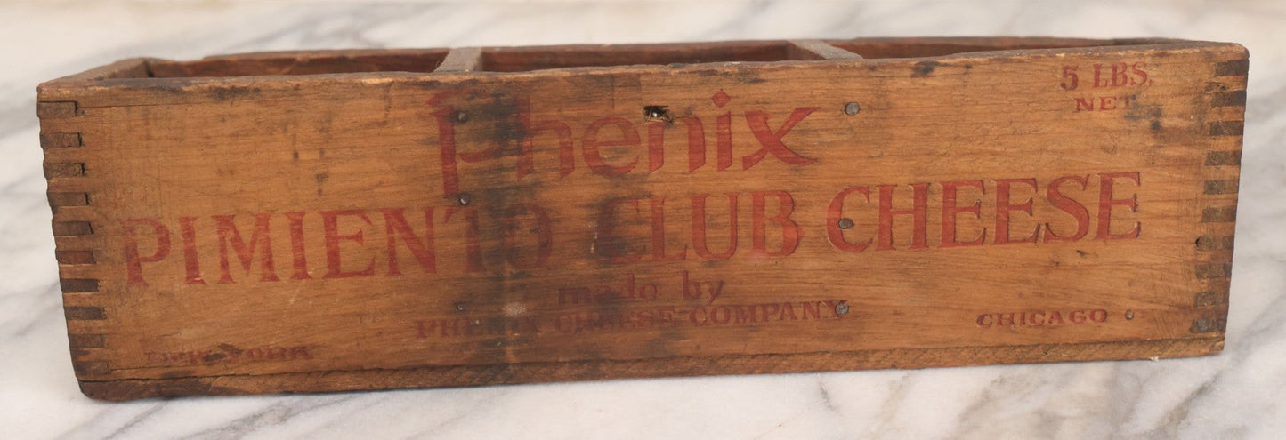 Lot 061 - Vintage Custom Divided Three Sectioned Display Box Fashioned From A Phenix Pimento Club Cheese Five Lbs. Finger Jointed Wooden Box, Made By Phenix Cheese Company, New York & Chicago