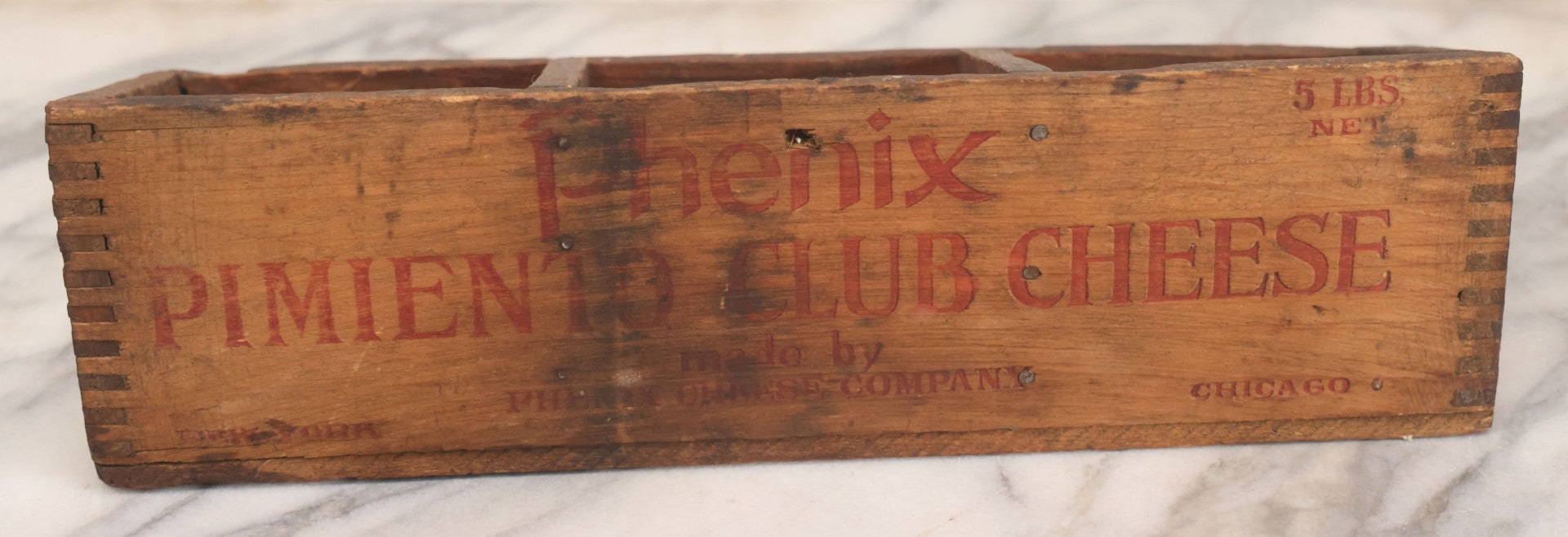 Lot 061 - Vintage Custom Divided Three Sectioned Display Box Fashioned From A Phenix Pimento Club Cheese Five Lbs. Finger Jointed Wooden Box, Made By Phenix Cheese Company, New York & Chicago