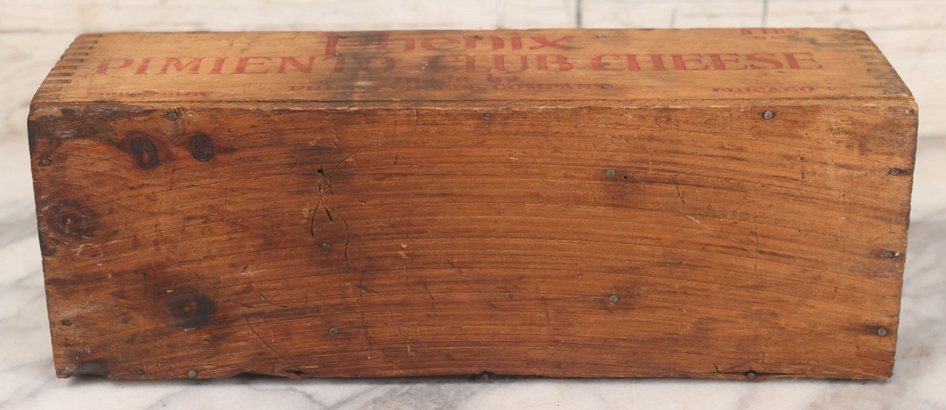 Lot 061 - Vintage Custom Divided Three Sectioned Display Box Fashioned From A Phenix Pimento Club Cheese Five Lbs. Finger Jointed Wooden Box, Made By Phenix Cheese Company, New York & Chicago