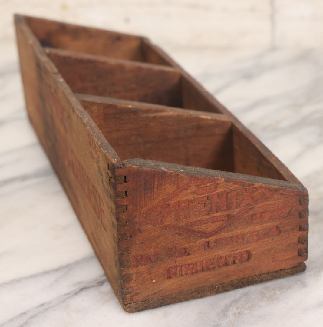 Lot 061 - Vintage Custom Divided Three Sectioned Display Box Fashioned From A Phenix Pimento Club Cheese Five Lbs. Finger Jointed Wooden Box, Made By Phenix Cheese Company, New York & Chicago