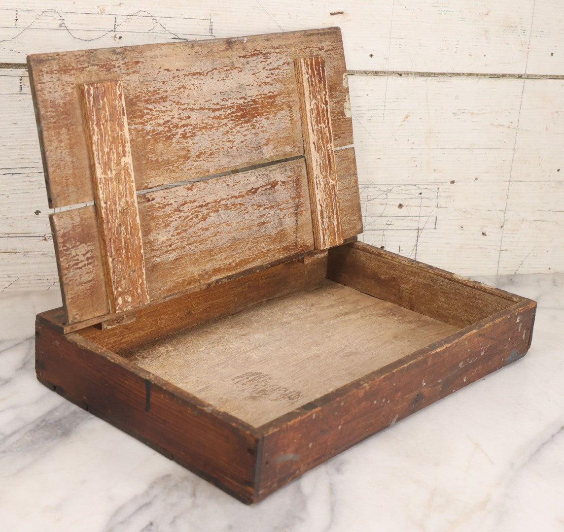 Lot 062 - Antique Hinged Wooden Storage Box With Stenciled Advertising On Lid From York, Pennsylvania, Shabby Condition, Remnants Of Old Paint