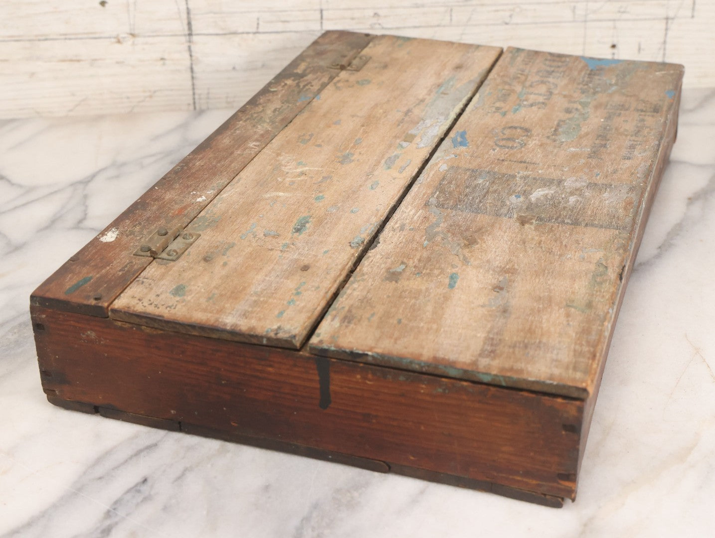 Lot 062 - Antique Hinged Wooden Storage Box With Stenciled Advertising On Lid From York, Pennsylvania, Shabby Condition, Remnants Of Old Paint