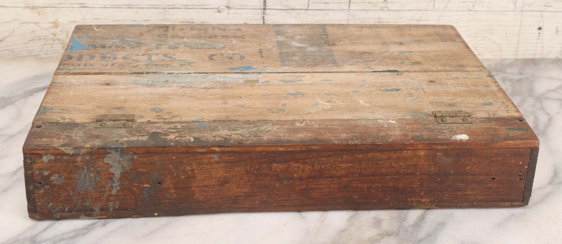 Lot 062 - Antique Hinged Wooden Storage Box With Stenciled Advertising On Lid From York, Pennsylvania, Shabby Condition, Remnants Of Old Paint