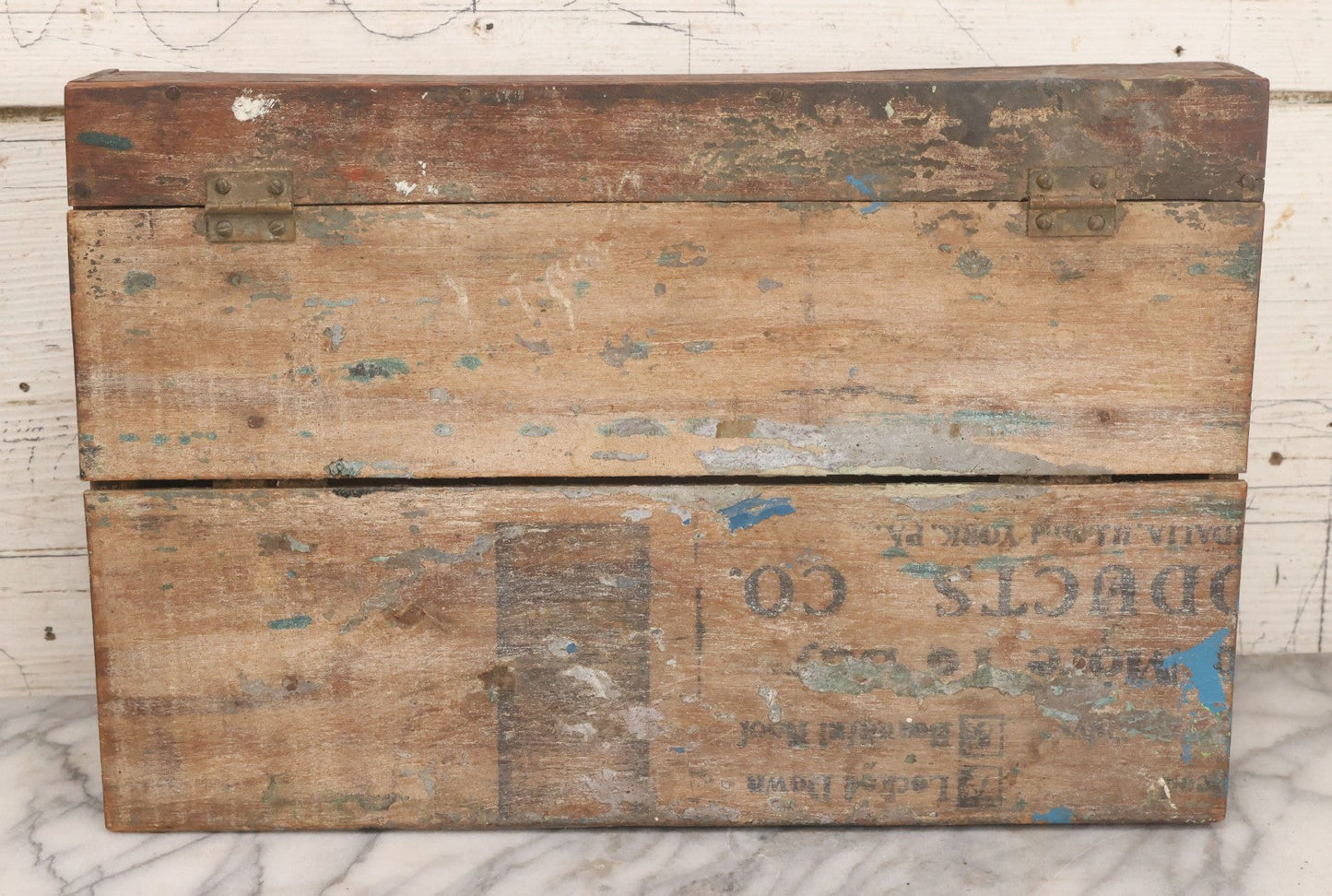 Lot 062 - Antique Hinged Wooden Storage Box With Stenciled Advertising On Lid From York, Pennsylvania, Shabby Condition, Remnants Of Old Paint