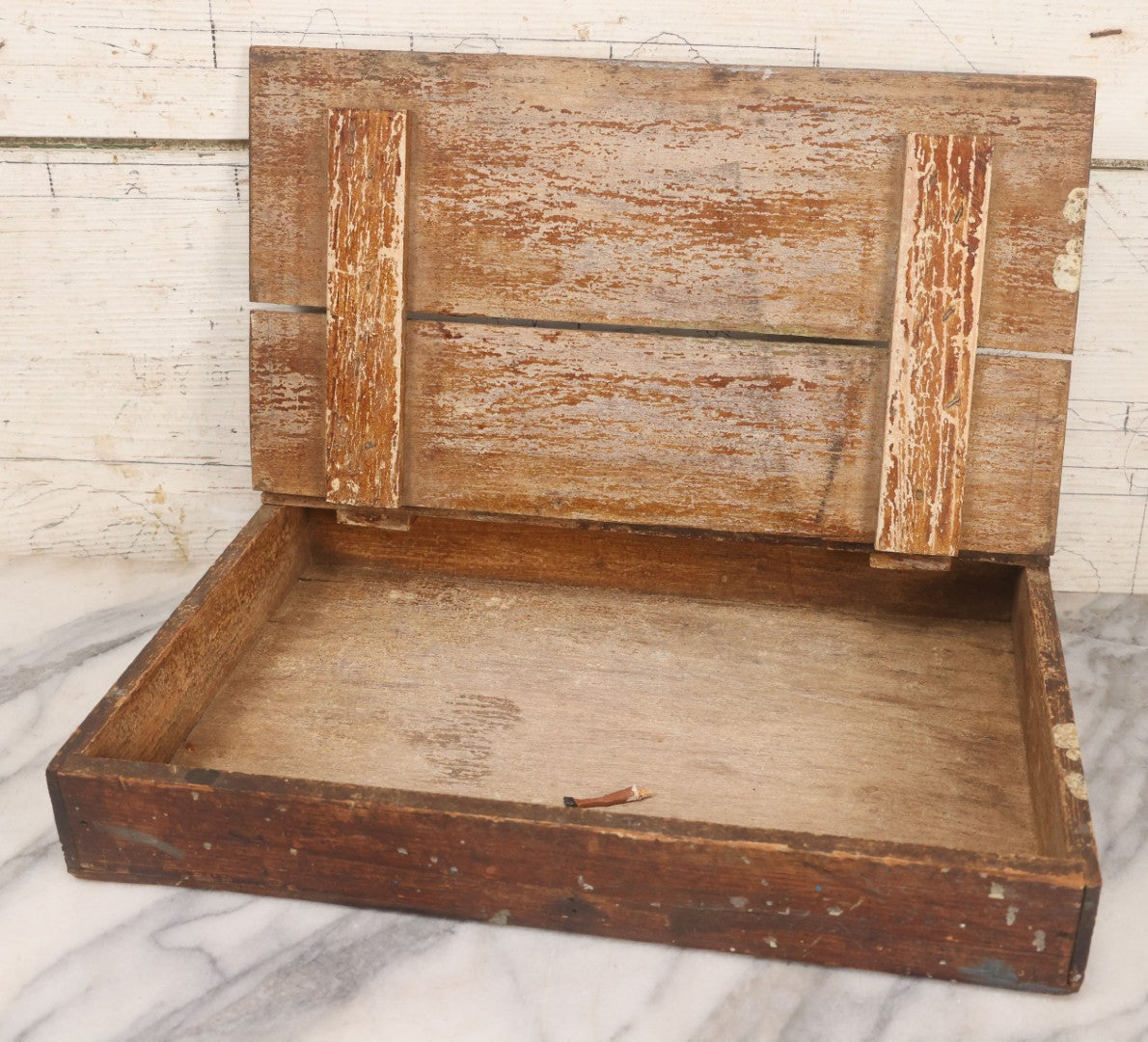 Lot 062 - Antique Hinged Wooden Storage Box With Stenciled Advertising On Lid From York, Pennsylvania, Shabby Condition, Remnants Of Old Paint