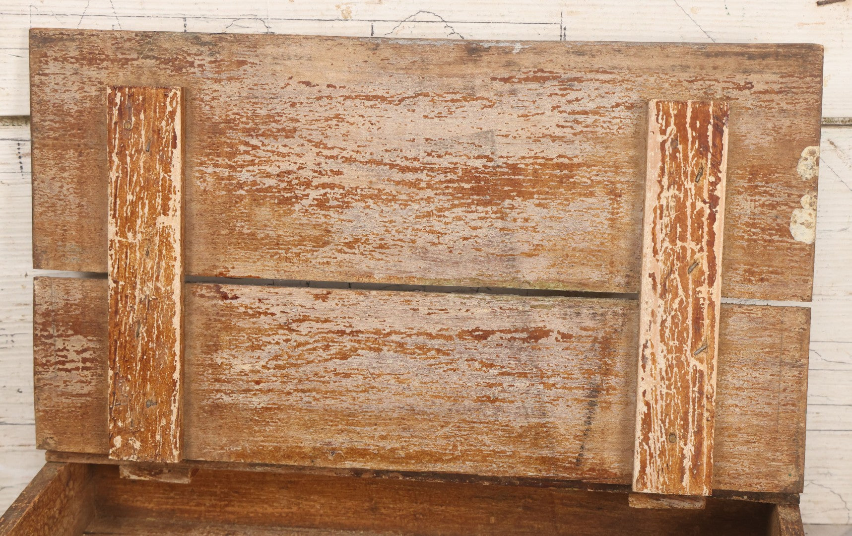 Lot 062 - Antique Hinged Wooden Storage Box With Stenciled Advertising On Lid From York, Pennsylvania, Shabby Condition, Remnants Of Old Paint