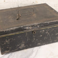 Lot 063 - Antique Painted Tin Lock Box With Black Paint, Red Pinstripes And Gold Accents With Brass Tag Stamped W.S.S., Note One Hinge Broken