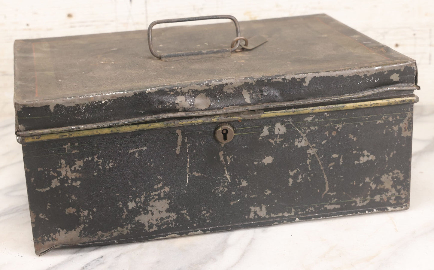 Lot 063 - Antique Painted Tin Lock Box With Black Paint, Red Pinstripes And Gold Accents With Brass Tag Stamped W.S.S., Note One Hinge Broken