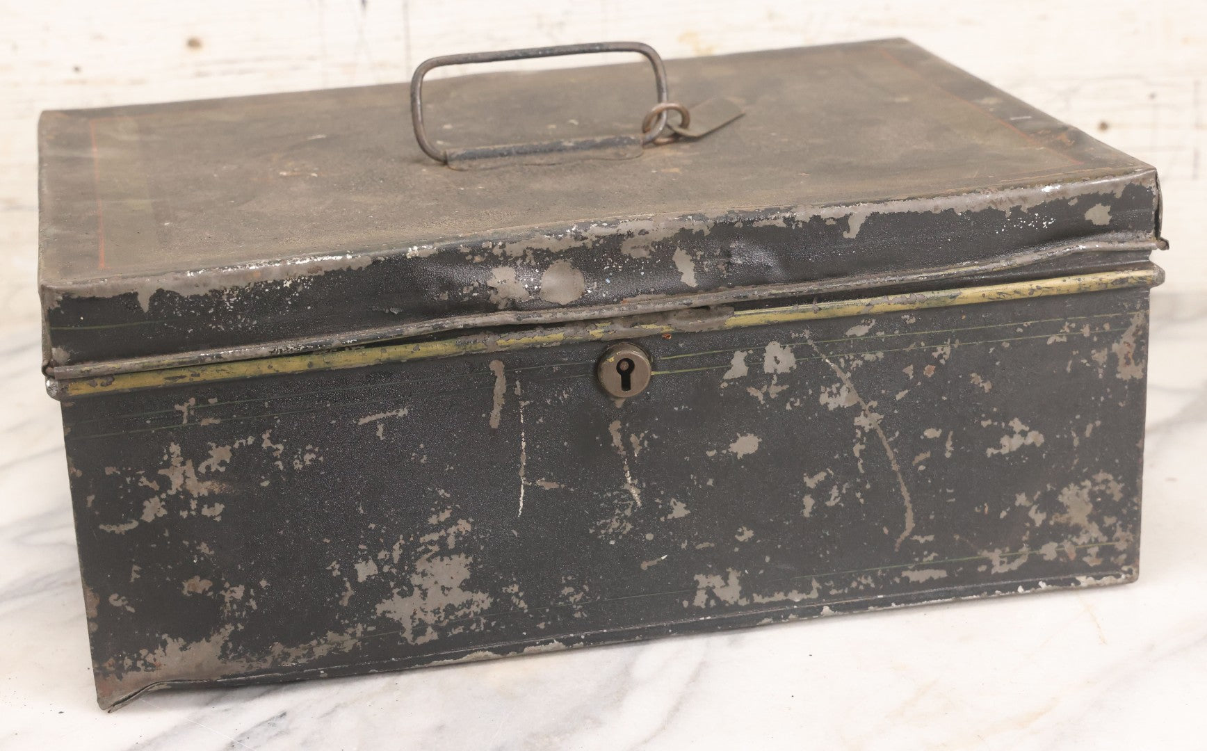 Lot 063 - Antique Painted Tin Lock Box With Black Paint, Red Pinstripes And Gold Accents With Brass Tag Stamped W.S.S., Note One Hinge Broken