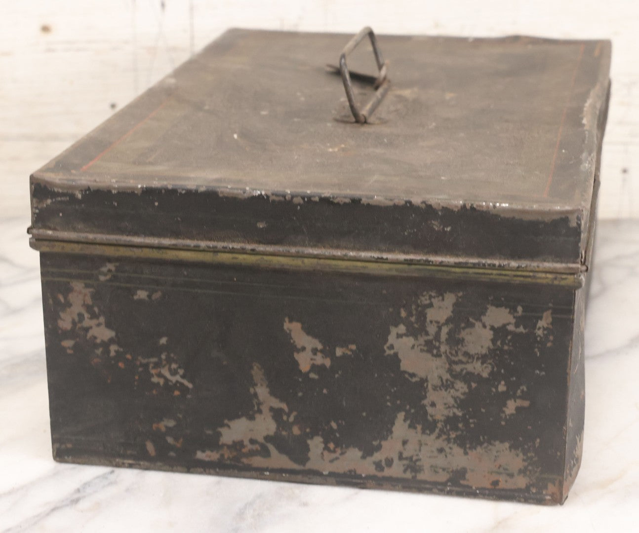 Lot 063 - Antique Painted Tin Lock Box With Black Paint, Red Pinstripes And Gold Accents With Brass Tag Stamped W.S.S., Note One Hinge Broken