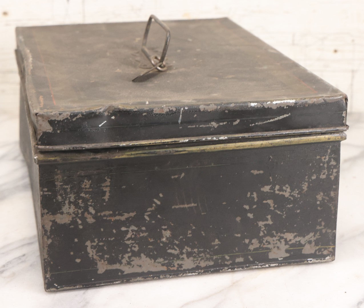 Lot 063 - Antique Painted Tin Lock Box With Black Paint, Red Pinstripes And Gold Accents With Brass Tag Stamped W.S.S., Note One Hinge Broken