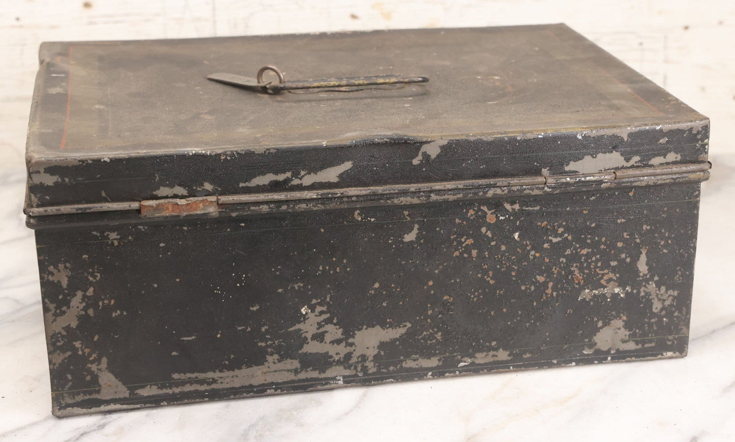 Lot 063 - Antique Painted Tin Lock Box With Black Paint, Red Pinstripes And Gold Accents With Brass Tag Stamped W.S.S., Note One Hinge Broken