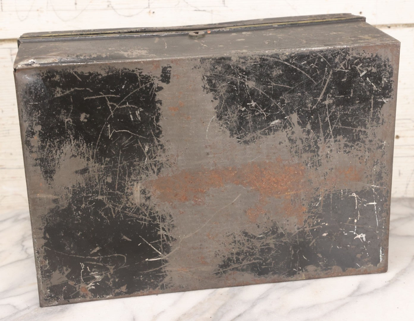 Lot 063 - Antique Painted Tin Lock Box With Black Paint, Red Pinstripes And Gold Accents With Brass Tag Stamped W.S.S., Note One Hinge Broken