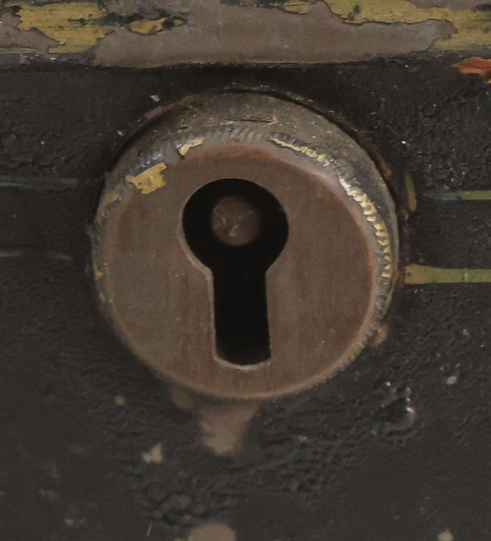 Lot 063 - Antique Painted Tin Lock Box With Black Paint, Red Pinstripes And Gold Accents With Brass Tag Stamped W.S.S., Note One Hinge Broken