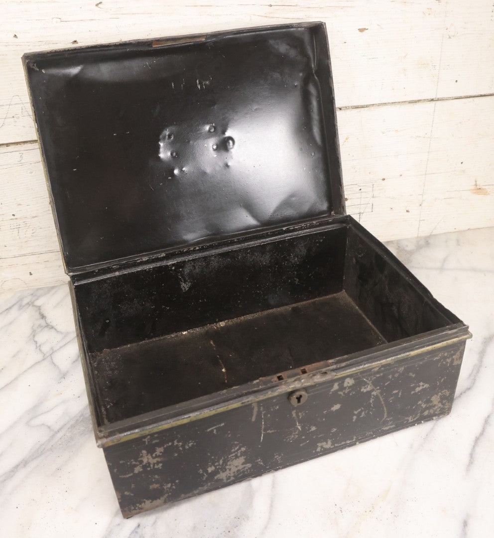 Lot 063 - Antique Painted Tin Lock Box With Black Paint, Red Pinstripes And Gold Accents With Brass Tag Stamped W.S.S., Note One Hinge Broken