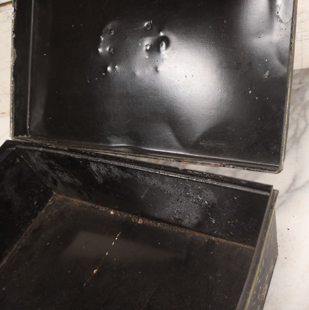 Lot 063 - Antique Painted Tin Lock Box With Black Paint, Red Pinstripes And Gold Accents With Brass Tag Stamped W.S.S., Note One Hinge Broken