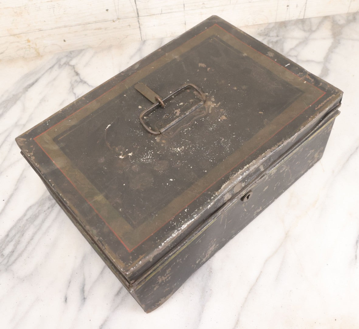 Lot 063 - Antique Painted Tin Lock Box With Black Paint, Red Pinstripes And Gold Accents With Brass Tag Stamped W.S.S., Note One Hinge Broken