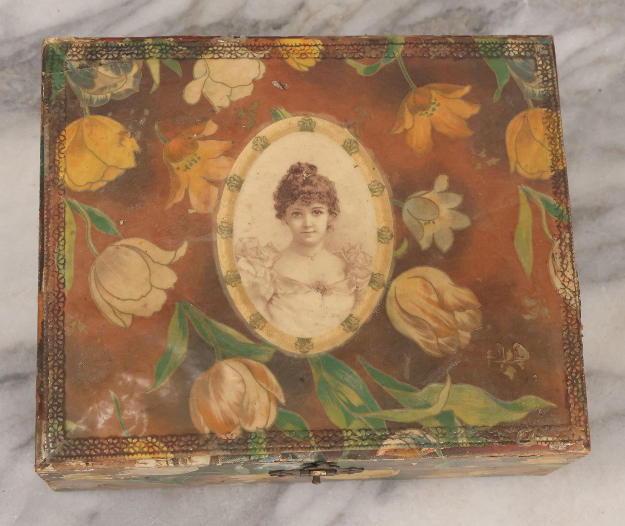 Lot 066 - Antique Victorian Celluloid Dresser Box With Woman In Dress, Floral Pattern On Cover, Tufted Green Interior, Note Cover Separation, Repair Glue Visible