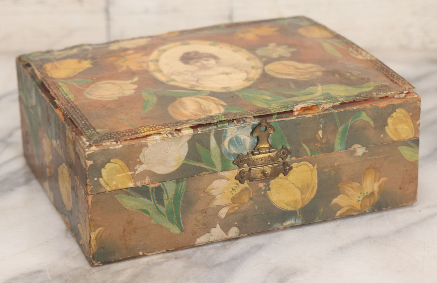 Lot 066 - Antique Victorian Celluloid Dresser Box With Woman In Dress, Floral Pattern On Cover, Tufted Green Interior, Note Cover Separation, Repair Glue Visible