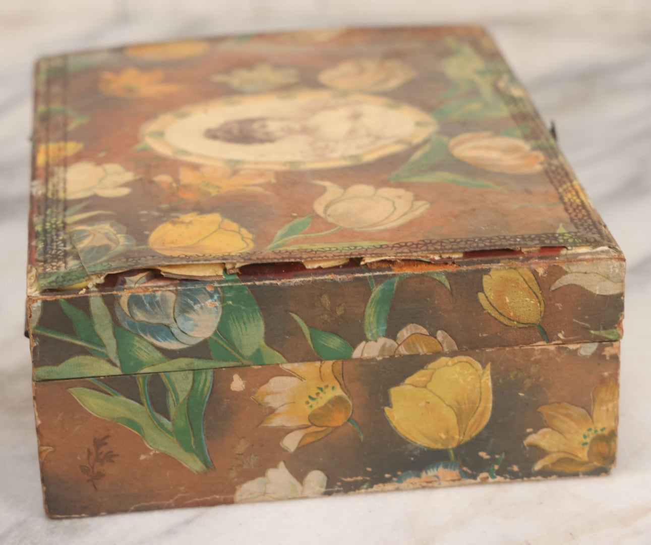 Lot 066 - Antique Victorian Celluloid Dresser Box With Woman In Dress, Floral Pattern On Cover, Tufted Green Interior, Note Cover Separation, Repair Glue Visible