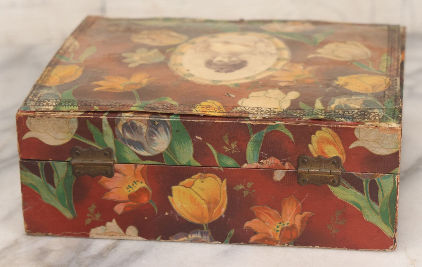 Lot 066 - Antique Victorian Celluloid Dresser Box With Woman In Dress, Floral Pattern On Cover, Tufted Green Interior, Note Cover Separation, Repair Glue Visible