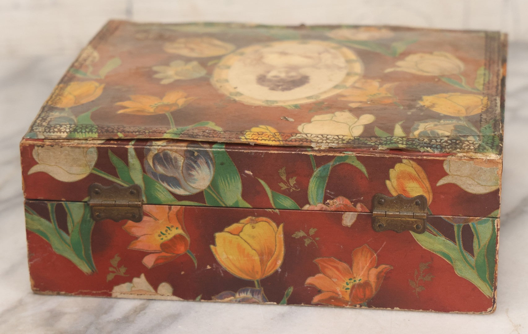 Lot 066 - Antique Victorian Celluloid Dresser Box With Woman In Dress, Floral Pattern On Cover, Tufted Green Interior, Note Cover Separation, Repair Glue Visible