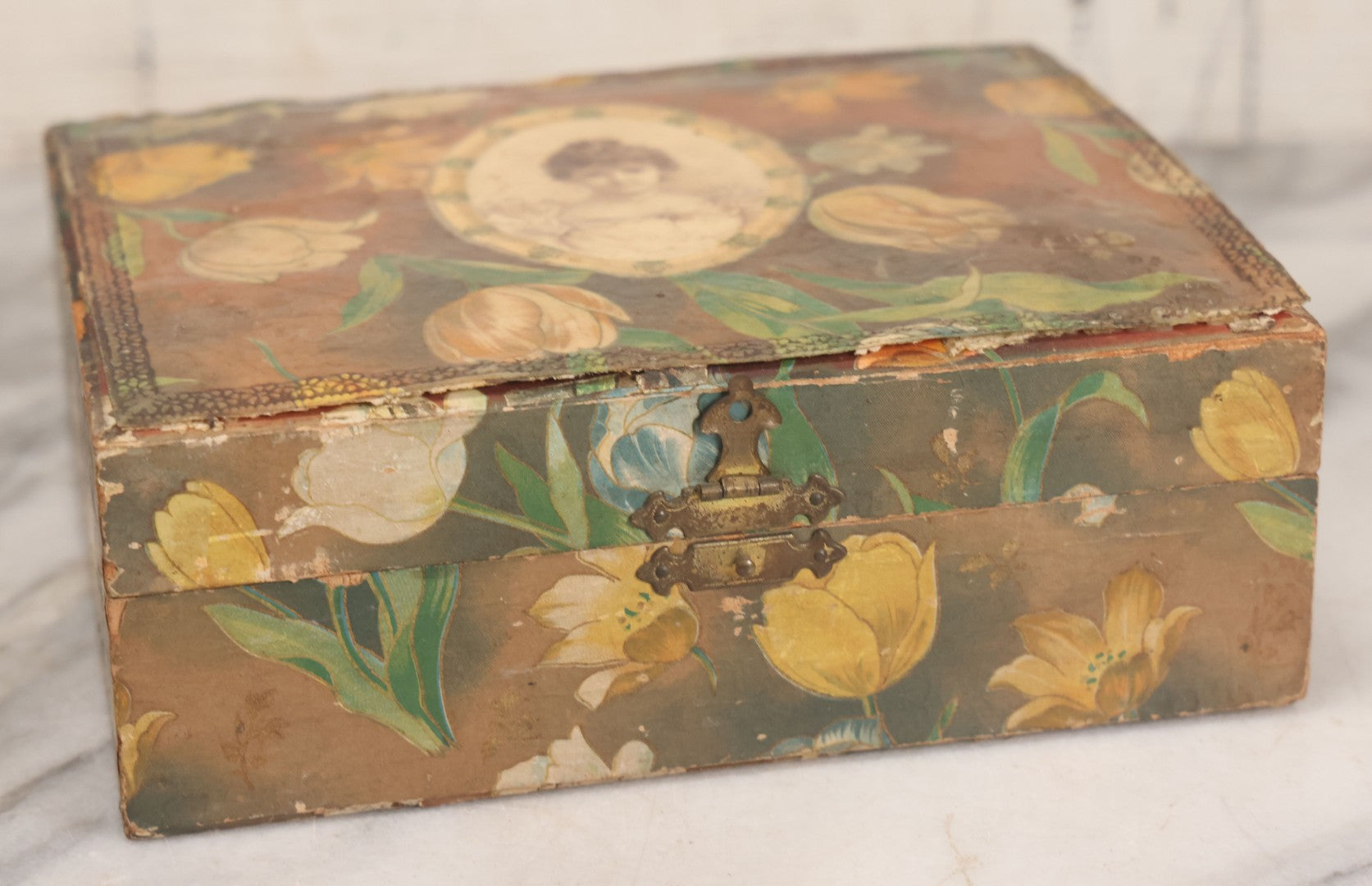 Lot 066 - Antique Victorian Celluloid Dresser Box With Woman In Dress, Floral Pattern On Cover, Tufted Green Interior, Note Cover Separation, Repair Glue Visible