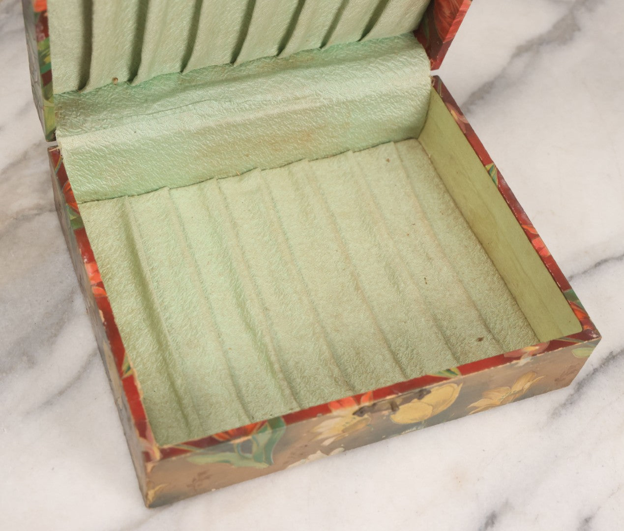 Lot 066 - Antique Victorian Celluloid Dresser Box With Woman In Dress, Floral Pattern On Cover, Tufted Green Interior, Note Cover Separation, Repair Glue Visible