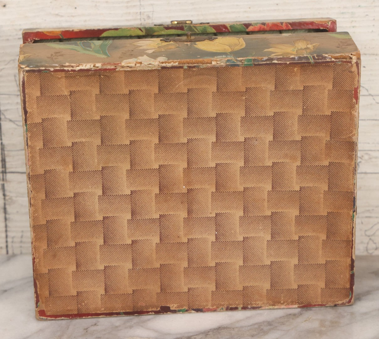 Lot 066 - Antique Victorian Celluloid Dresser Box With Woman In Dress, Floral Pattern On Cover, Tufted Green Interior, Note Cover Separation, Repair Glue Visible